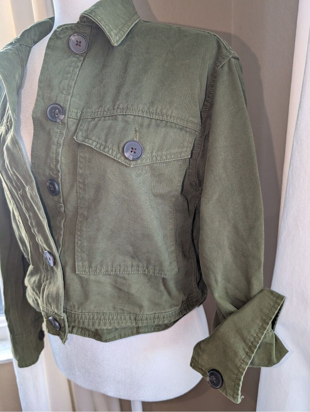 Olive Army Green Cropped Shacket Utility Jacket - Picture 2 of 4
